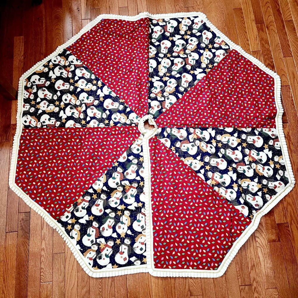 Large Quilted Snowman Christmas Tree Skirt 58" Diameter Octagon Red Blue Ruffled